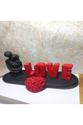 Love Yazılı Kalp Figürlü Sarılan Sevgili Biblo Set Siyah-kırmızı Siyah