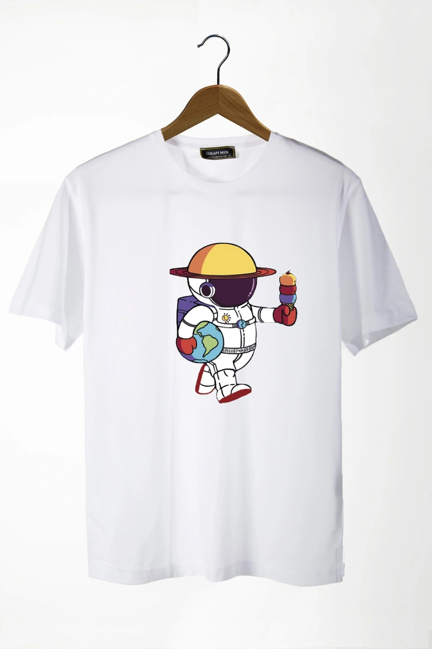 Veaven Unisex Beyaz Önü Renkli Astronot Baskılı Bisiklet Yaka Oversize Kalıp Basic Pamuklu T-shirt Beyaz