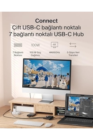 Usb-c Hub, 7 Portlu, 60 Hz De 4k Hdmı Ekran Desteği, Sd Ve Microsd Yuvaları, 100w Güç İletimi, 5gbps Veri Aktarımı, Apple MacBook Uyumlu , Apple iPad Uyumlu, Pro, Chromebook İçin Usb-c Çoklu Port Adaptörü, Hdmı 2.0, Siyah