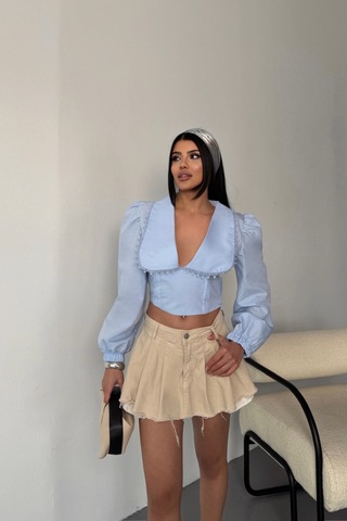 Crop Poplin Gömlek Yaka Kenar Dantel Detaylı - Bebe Mavi Mavi