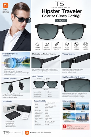 Xiaomi Ts Hipster Traveler Polarize Güneş Gözlüğü Nylon Polarize Lens Metal Çerçeve Hafif Kaliteli Siyah Unisex Sm007-0220