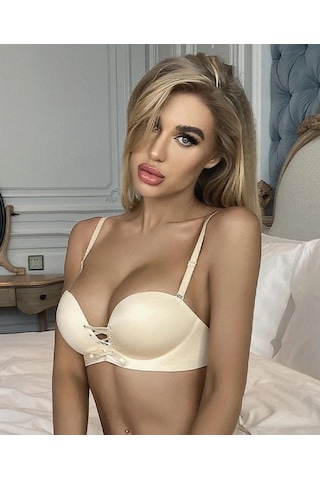 Natasha İthal Balensiz Push-up Lazer Kesim Önden Bağlamalı Rahat Bej