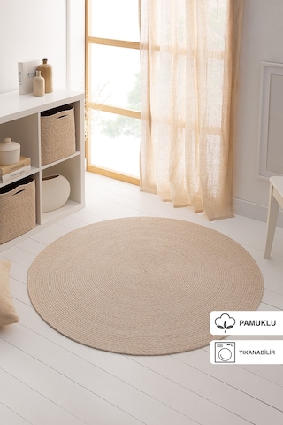 Ocean Home Textile Yıkanabilir Bej Kırçıllı Pamuklu Halı Kilim 120 Cm Çap