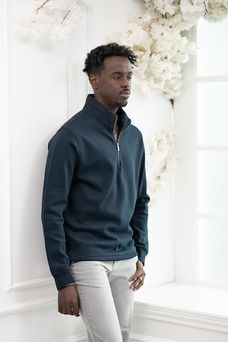 San&Fa Regular Fit Biyeli Fermuarlı Dik Yaka Armürlü Pamuklu Sweatshirt Lacivert