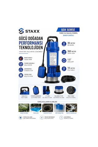 Staxx Qdx2hps 2hp Şamandıralı Dalgıç Su Pompası 40 Metre Basma 1.5'' Bakır Sargılı Temiz Su Motoru