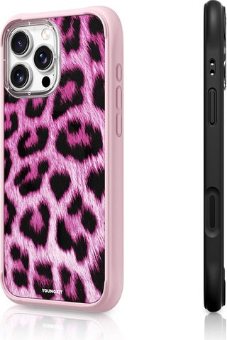 Apple iPhone 16 Pro Uyumlu Kılıf M-safe Şarj Özellikli Youngkit Leopard Serisi Kapak Pembe