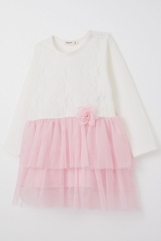 Breeze Kız Bebek Uzun Kollu Elbise Dantelli Tüllü Fiyonk Aksesuarlı 9 Ay-3 Yaş, Beyaz Beyaz