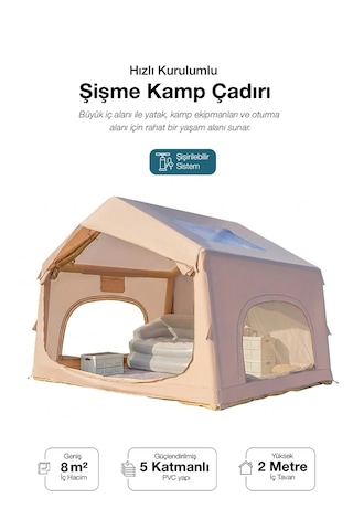 6 Kişilik 4 Mevsim Su Geçirmez Şişme Kamp Çadırı 210d Oxford Kumaş 8 M2 310x245x142 Cm Bej
