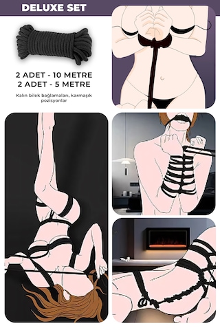 Fantezi Ürünleri, Shibari Sanatına Uygun Ayarlanabilir Vücut Bağlama Halat Seti Siyah - 2x10mt + 2x5mt