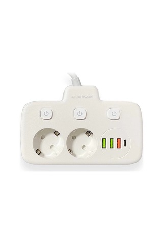 Akım Korumalı 2 Li Ayrı Anahtarlı Priz, 2x Priz, 3x Usb, 1x Type-c, 2 Mt Kablo, Hızlı Şarj Belirtilmemiş