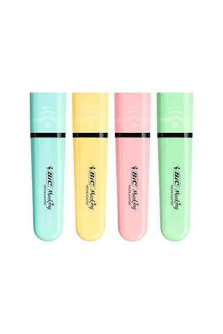 Bıc Marking Flat Higlighter Pastel Fosforlu Kalem 4'lü Blister, 4 Pastel Renk Sarı, Mavi, Pembe, Yeşil , Su Bazlı, Genel