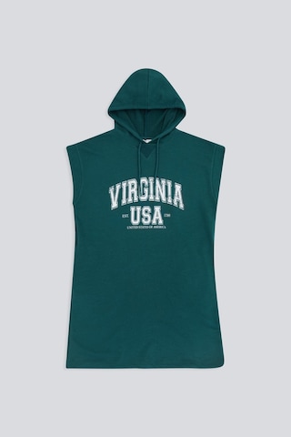 BASKILI KAPÜŞONLU ELBİSE PETROL YEŞİLİ Petrol Yeşili