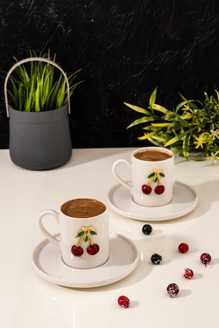 Mest Kiraz Model 2 Kişilik 4 Parça Porselen Kahve Fincan Takımı - Şık Kahve Fincan Seti Beyaz