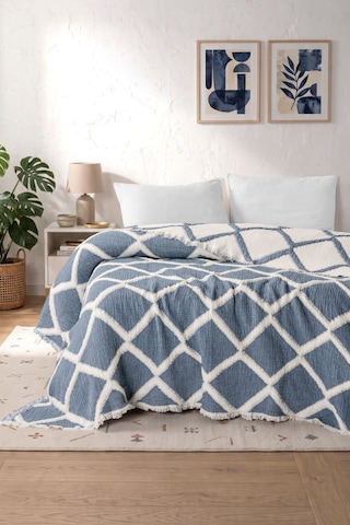 Varol Liora 7 Katlı Müslin Yatak Örtüsü Çift Kişilik Geometrik Desenli 230x250 Cm Mavi