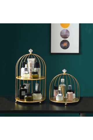 Yunboo Altın Tek Katlı Demir Sanatı Kuş Kafesi Desenli Masaüstü Dolap - Banyo Kozmetik, Bakım Ürünü Ve Parfüm Organizerı - Dönebilen Dekoratif Saklama Çözümü Diğer
