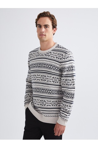 Lcwaıkıkı Classic Bej Bisiklet Yaka Desenli Erkek Triko Kazak