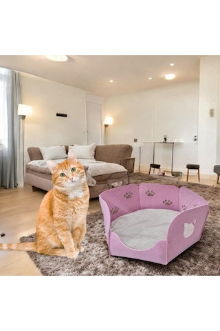 Kedi Yatağı Yuvası Evi Minderli Taşınabilir 3 Mm Keçe Altıgen Tasarım Yuva+minder Pembe