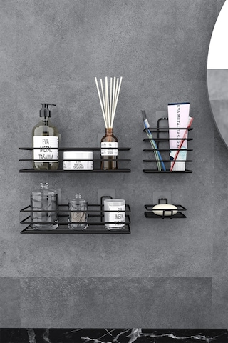 Eva Metal Tasarim Yapışkanlı Banyo Seti Duş Rafı + Sabunluk + Diş Fırçalık Metal Set Siyah