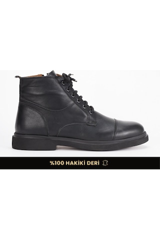Fame Step Hakiki Deri Erkek Bot Bağcıklı Fermuarlı Casual Kışlık Soğuğa Dayanıklı Kalın Taban Siyah
