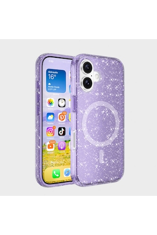 Apple Uyumlu iPhone 16 Plus Kılıf M-safe Şarj Özellikli Parlayan Simli Saydam Renkli Zore Allstar Kapak Mor