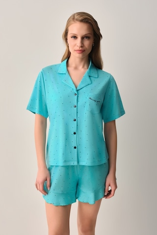 Suwen Lucky Pamuklu Gömlek Yaka Şort Pijama Takımı Sh26623667b335 Turkuaz Desenli