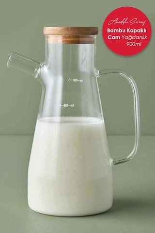 Bambu Kapaklı Vakumlu Cam Yağdanlık Sirkelik 900 ML