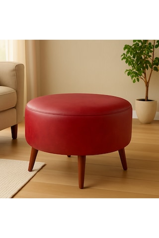 Azra Mobilya Kırmızı Yuvarlak Deri Puf 60 Cm Çap, 46 Cm Yükseklik, Modern Ceviz Ayaklı Kırmızı