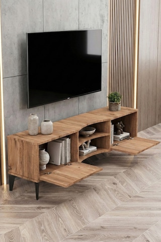 Reyo Falez Vera Tv Sehpası 160x35x50 Cm Çok Amaçlı Televizyon Ünitesi Raflı Dolaplı Salon Oturma Odası 5055 Atlantik Açık Kahverengi