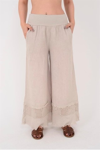 Eren Style İtalyan Fisto Paça Detaylı Keten Pantolon-9893 Bej