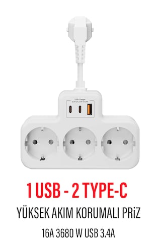 Çoklu Kablolu Priz-priz Çoğaltıcı 1usb-2typec Beyaz