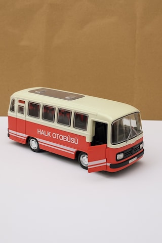 Nostaljik Halk Otobüsü 11 Cm Pilli Sesli Işıklı Kapısı Açılır Yumuşak Tekerlekli - Kırmızı