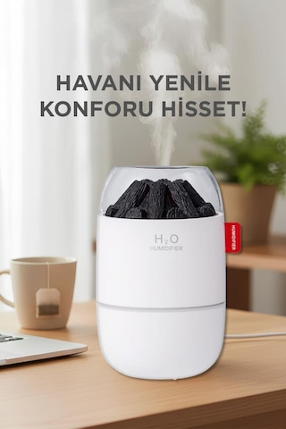 H16 Beyaz Odun Ateşi Efekli Hava Nemlendirici Buhar Makinesi 280ml Led Işıklı Sessiz Çalışma