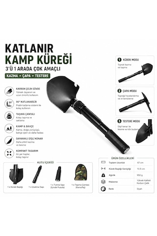 Katlanır Kamp Küreği 3 Ü 1 Arada Çok Amaçlı Kazma Çapa Testere Çok Amaçlı El Aleti