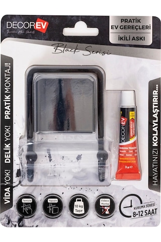 Decorev Dekoratif Yapıştırmalı Banyo- Mutfak Metal Iki Kancalı Askı Siyah Vidasız Pratik Montaj Dc-5053 Siyah