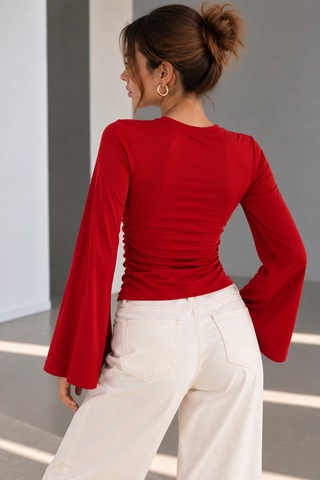 Bb Butik Basic Yan Büzgülü İspanyol Kol Basic Kadın Bluz My3535 Kırmızı