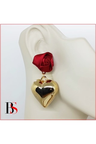 Kırmızı Gül & Gold Çelik Kalp Kadın Küpe Sarı - Kırmızı