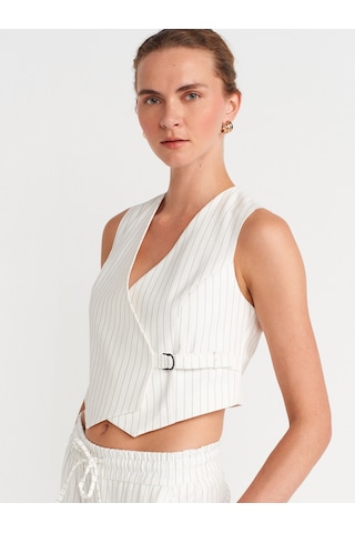 Dilvin 60597 Asimetrik V Yaka Çizgili Blazer Yelek-beyaz Beyaz
