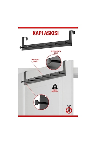 Pratik 6'lı Metal Kapı Arkası Askısı - 30 Kg Taşıma Kapasiteli Siyah, 46.5 Cm