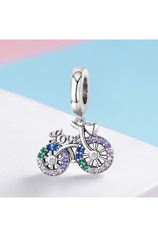 Fastbuy S925 Ayar Gümüş Bisiklet Kolye, Renkli Zirkon Boncuklu, Dıy Charm Bilezik, Çok Renkli Kolye Aksesuar Çok Renkli