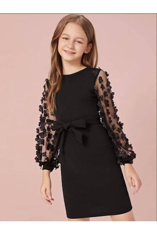 Belden Bağlamalı Tül Detaylı Çocuk Elbise Mykids Collection Siyah