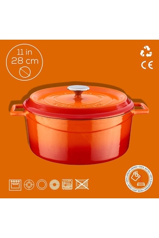 Lava Döküm Yuvarlak Tencere, Trendy, 28 Cm, 6.71 L Hacim, Turuncu Genel