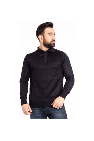Nacar Store Erkek Lacivert Ince Yün Triko Örgü Polo Yaka Kazak