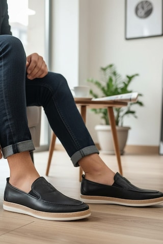 Enoch Hakiki Deri Mokan Dikişli Ve Kontrast Tabanlı Erkek Slip-on Ayakkabı Siyah