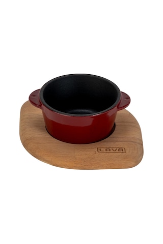 Lava Döküm Yuvarlak Sufle / Sos Kabı Ve Ahşap Altlığı. Çap Ø 8cm.-bordo Bordo - Siyah