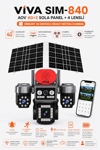 Viva Sim-840 Çift Güneş Panelli 4g Sim Kartlı Kablosuz 4 Lensli Dış Mekan Güvenlik Kamerası 16mp Ptz 512gb Destekli Sirenli