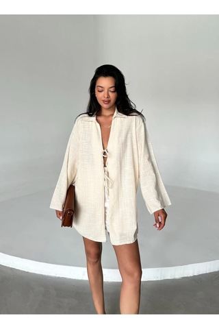 Taş Rengi %100 Keten Bağcık Detaylı Kimono Bluz Taş