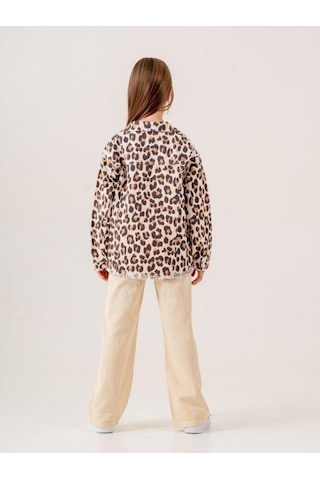 Kız Çocuk Leopar Desenli Kot Ceket İçi T-shirt Takım-15511 Kahverengi