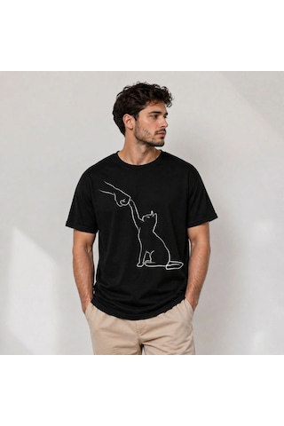 Vexor Erkek Minimal Kedi Çizim Baskılı Tişört Kısa Kol Yazlık T-shirt - Siyah 444349