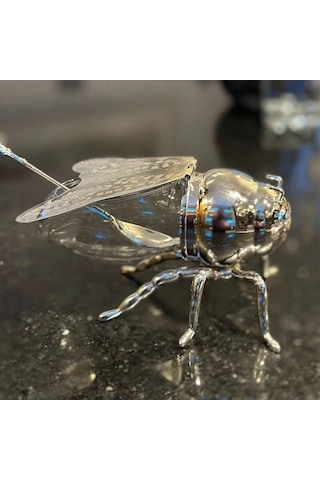 Pazly Altın Kaplı Gümüş Lüks Arı Bal Kavanozu - Şeffaf Cam Kavanoz - Mutfak Dekorasyonu İçin Bal, Baharat Saklama Kavanozu - Bal Kaşığı İle Gümüş