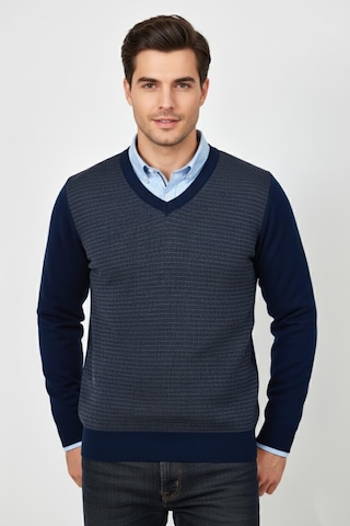 Triko Nehir Erkek V Yaka Triko Kazak Çelik Örgü Regular Kalıp Bgl-st04838 Indigo